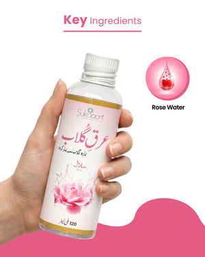 Halal rose water bottle with key ingredients highlighted, natural wellness product