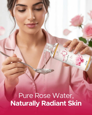 Pure Rose Water for Naturally Radiant Skin, poured into spoon with pink roses background