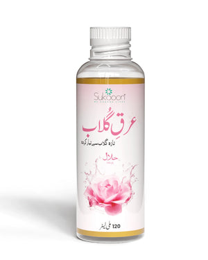 Sukoon Halal rose water 120ml bottle with pink rose label, natural wellness product