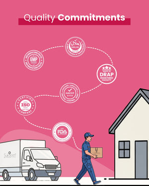 Delivery person carrying certified wellness products with quality seals like Halal, FDA, ISO, and DRAP.