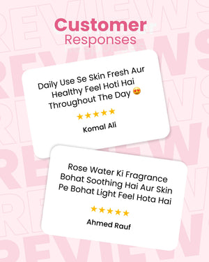Customer reviews for natural skincare products with 5-star ratings and testimonials on fresh, healthy skin feel