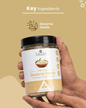 100% Pure Sesame Seeds in a jar, natural wellness product with key ingredients highlighted
