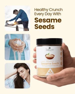 Hand holding jar of 100% pure sesame seeds for daily wellness, with benefits for joints, hair, and energy