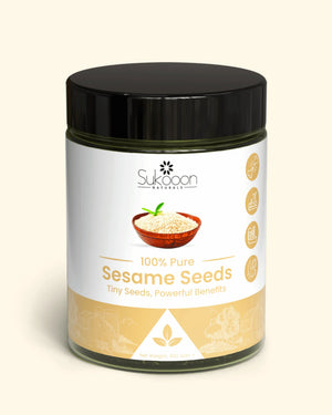 100% Pure Sesame Seeds in a Sukoon Naturals jar, natural wellness product with powerful health benefits