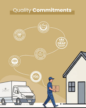 Delivery person carrying Sukoon package with quality certifications: GMP, Halal, ISO, FDA, DRAP, HACCP