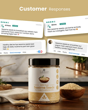 100% Pure Sesame Seeds jar with customer reviews, highlighting natural wellness benefits