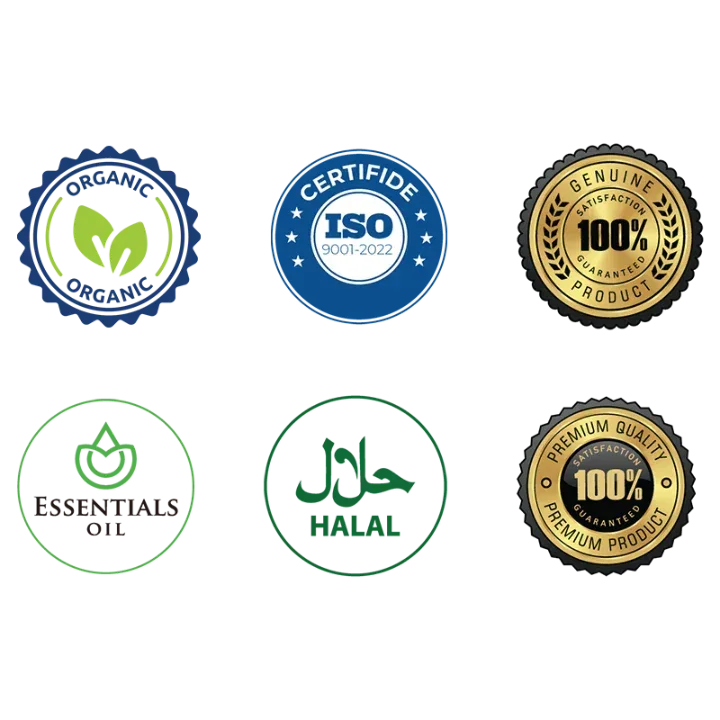 Organic, ISO 9001, Halal, and premium quality certification badges for natural wellness products