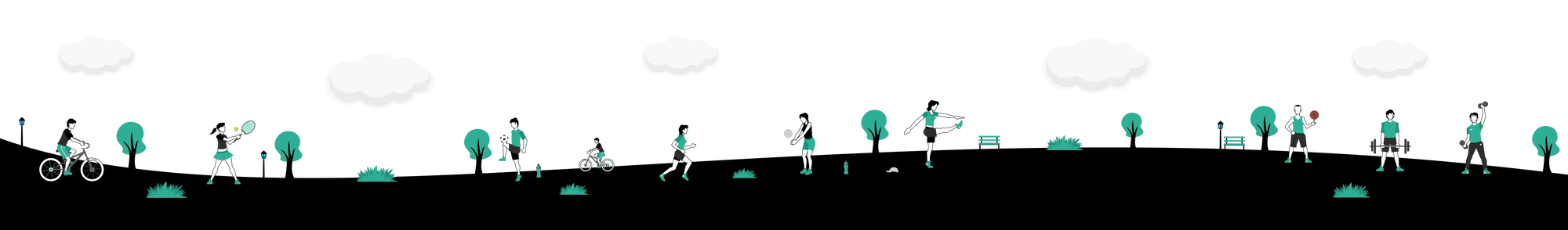People enjoying outdoor fitness activities like cycling, tennis, running, and weightlifting in a park setting.