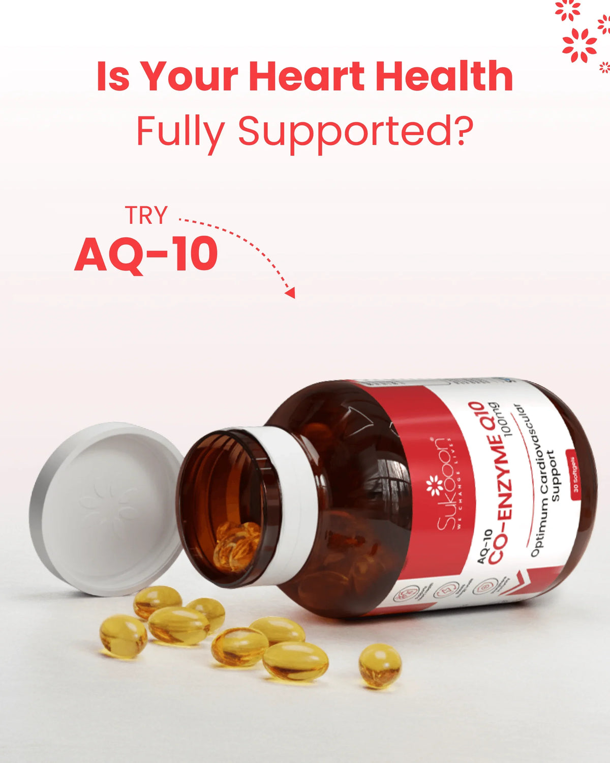 Co-Enzyme Q10 softgels for heart health support, 100mg capsules in amber bottle with spilled golden pills