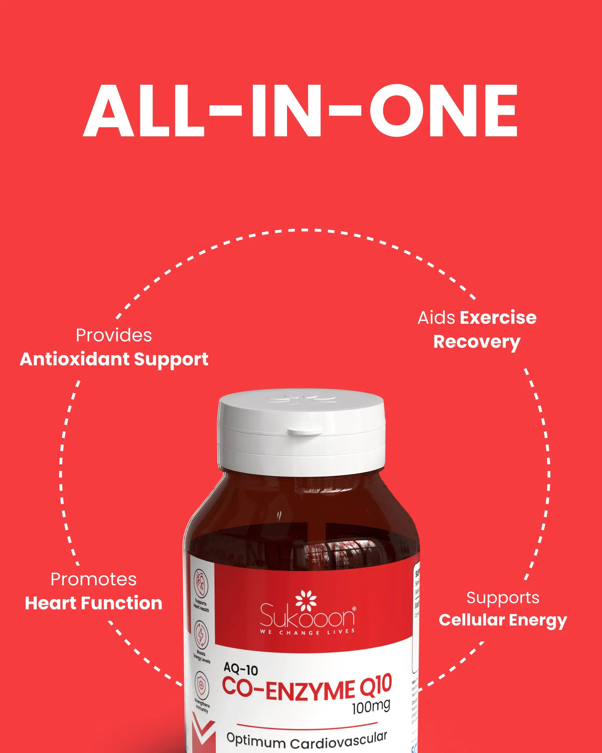 Sukooon Co-Enzyme Q10 100mg supplement bottle with antioxidant, heart health, and energy support benefits on red background