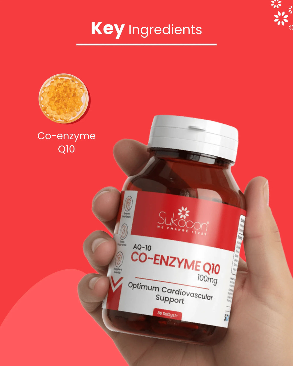 Hand holding Co-Enzyme Q10 100mg supplement bottle for cardiovascular support, key ingredient shown