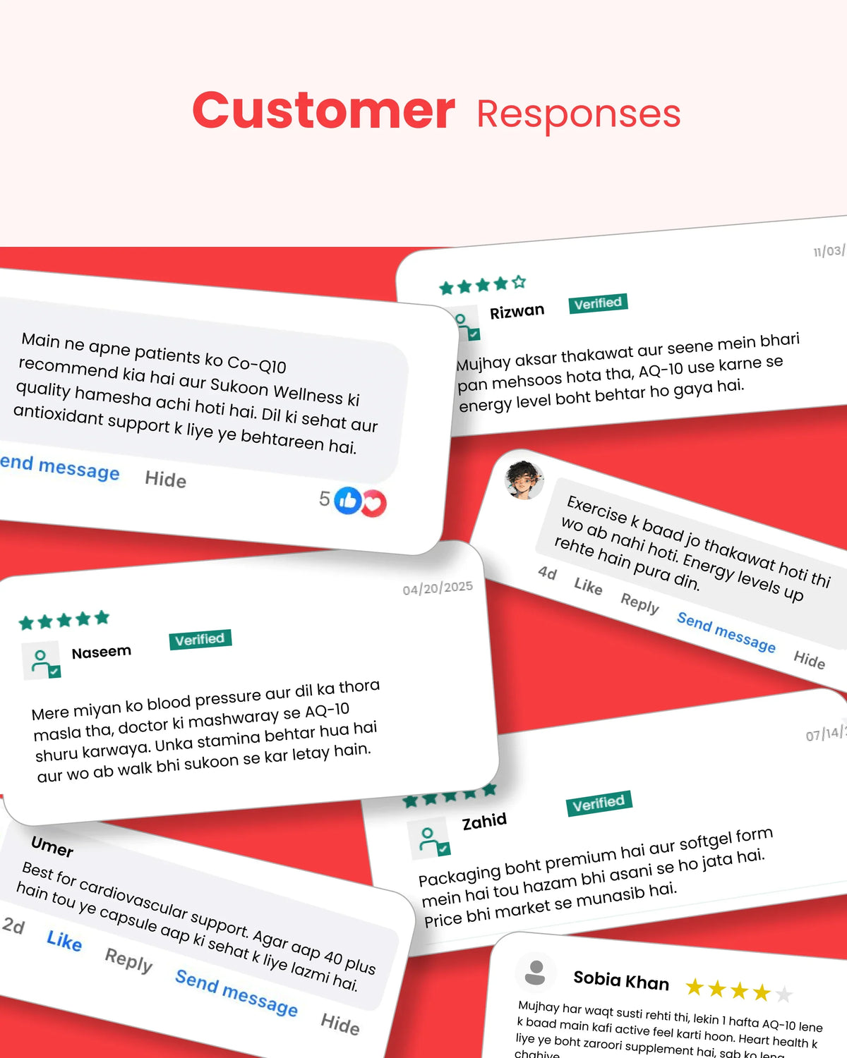 Customer reviews for natural wellness supplements with Co-Q10 and AQ-10, highlighting heart health and energy benefits