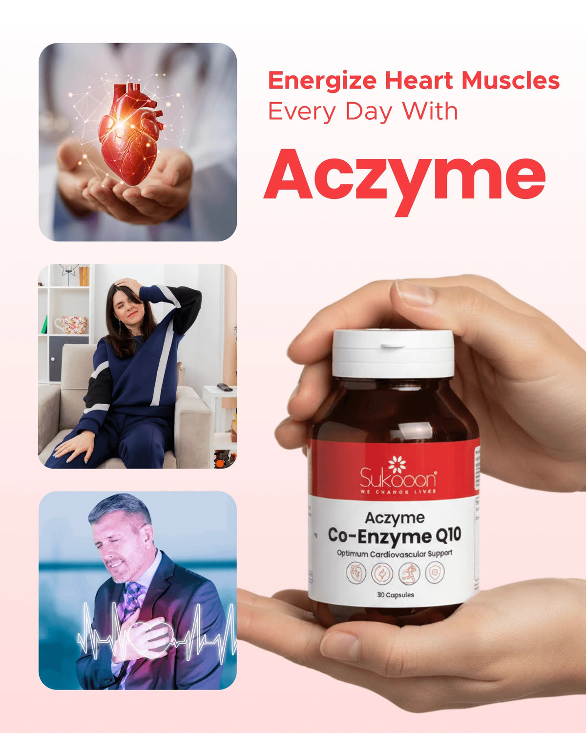 Aczyme Co-Enzyme Q10 supplement for heart muscle energy & cardiovascular support, 30 capsules