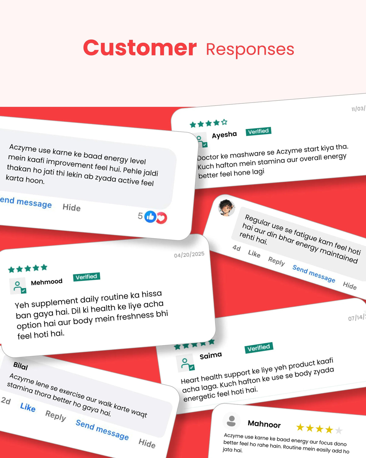 Customer reviews for Aczyme supplement showing energy, stamina & heart health benefits with verified ratings
