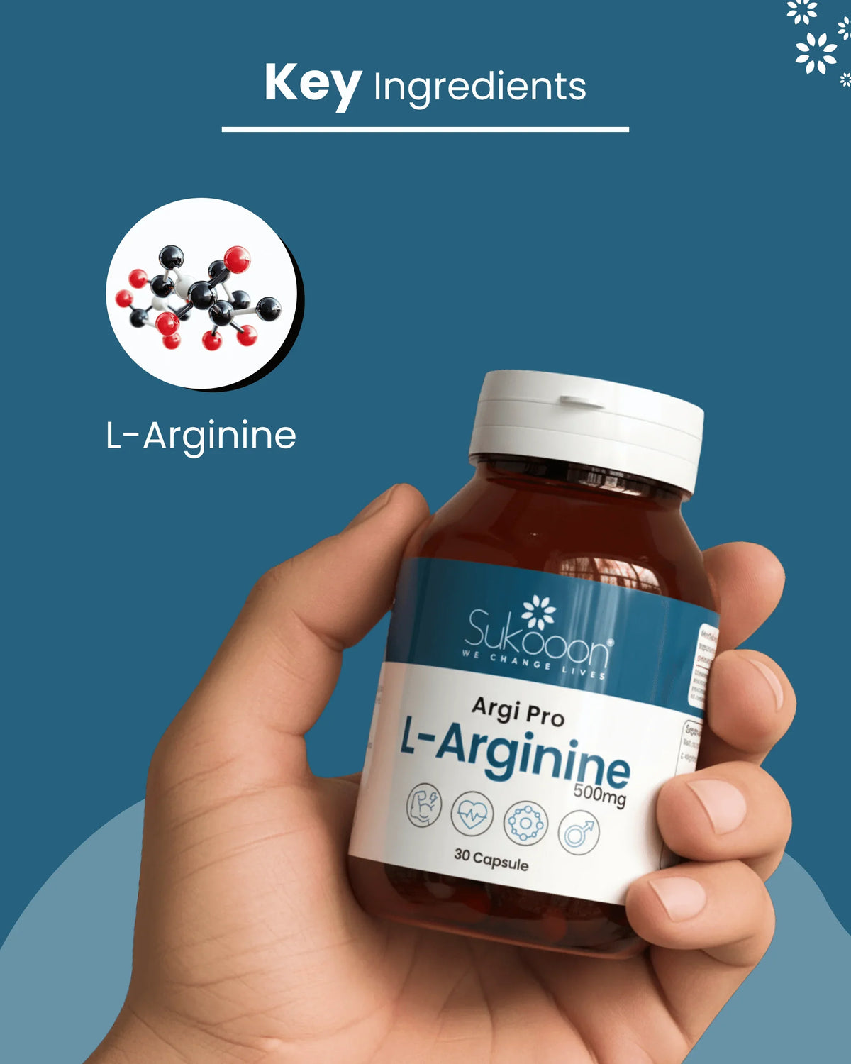 Hand holding Sukooon L-Arginine 500mg supplement bottle, highlighting key ingredient with molecular graphic