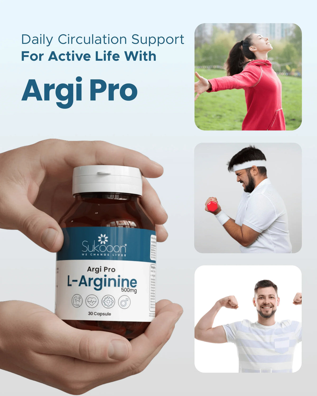 Argi Pro L-Arginine 500mg supplement bottle for daily circulation support, shown with active lifestyle imagery.