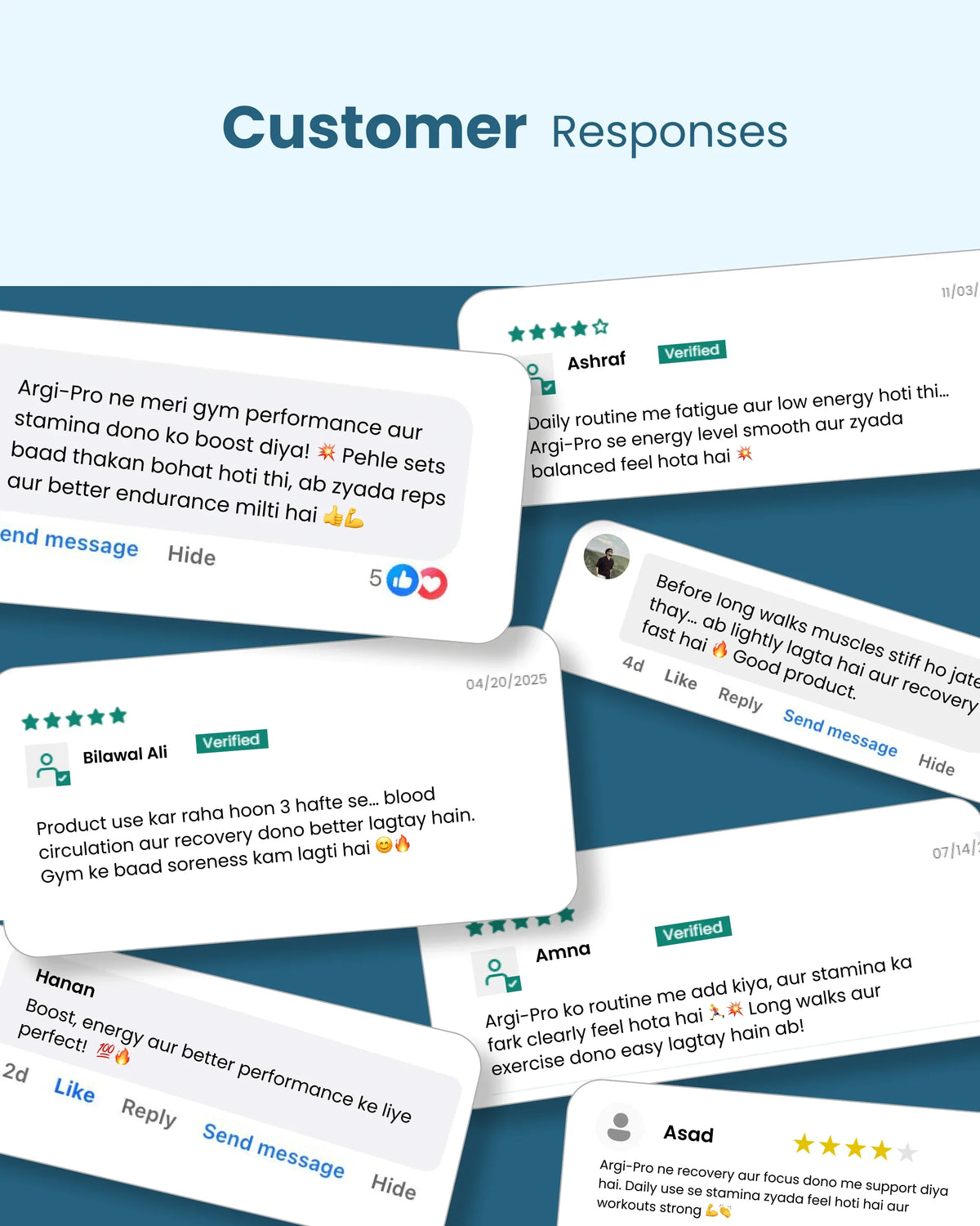 Customer reviews for Argi-Pro supplement showing improved energy, stamina, gym performance, and recovery