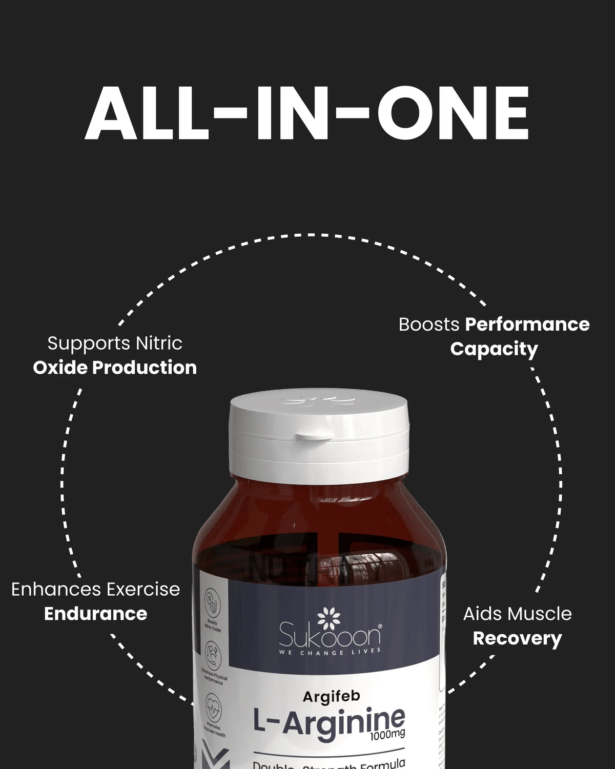Sukooon L-Arginine 1000mg supplement bottle, boosts performance, aids muscle recovery, enhances endurance, supports nitric oxide