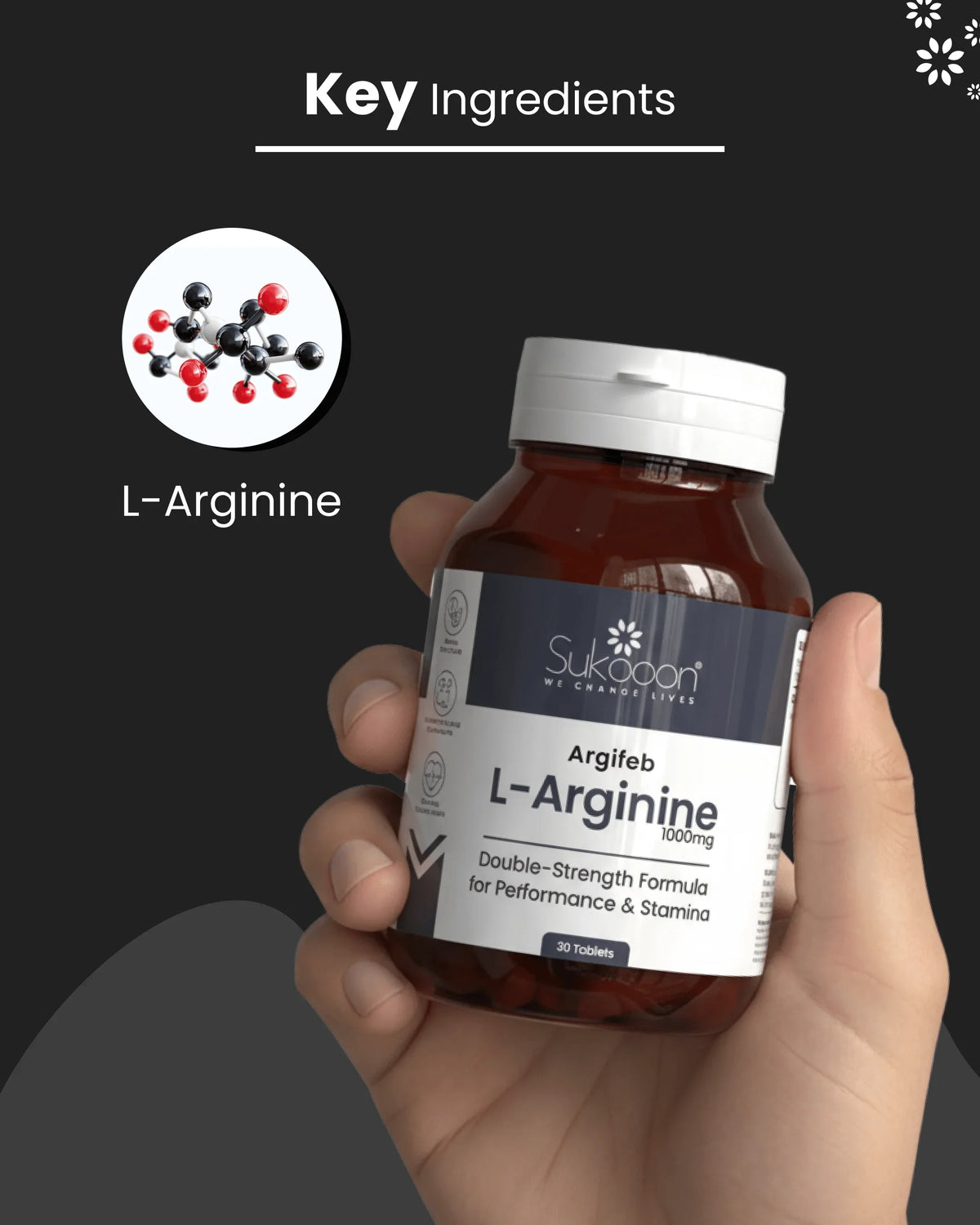 Hand holding L-Arginine 1000mg supplement bottle for performance & stamina, key ingredient shown