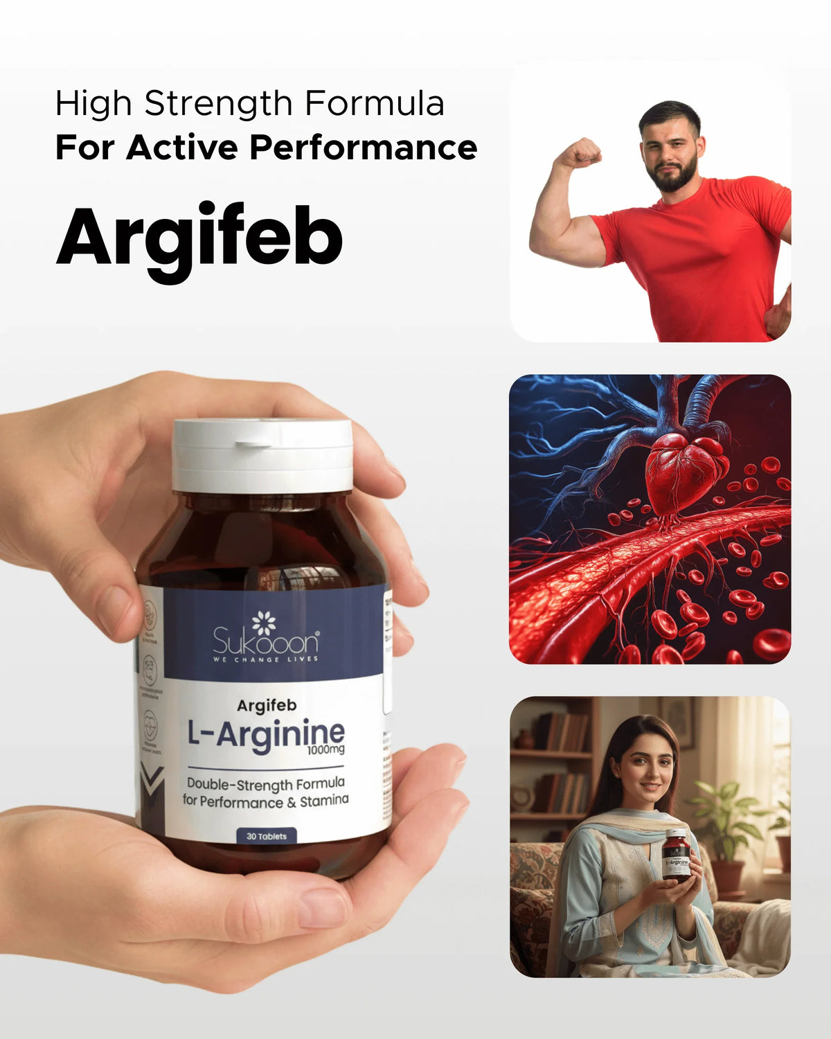 Argifeb L-Arginine 1000mg supplement bottle for performance & stamina, held in hands with wellness imagery