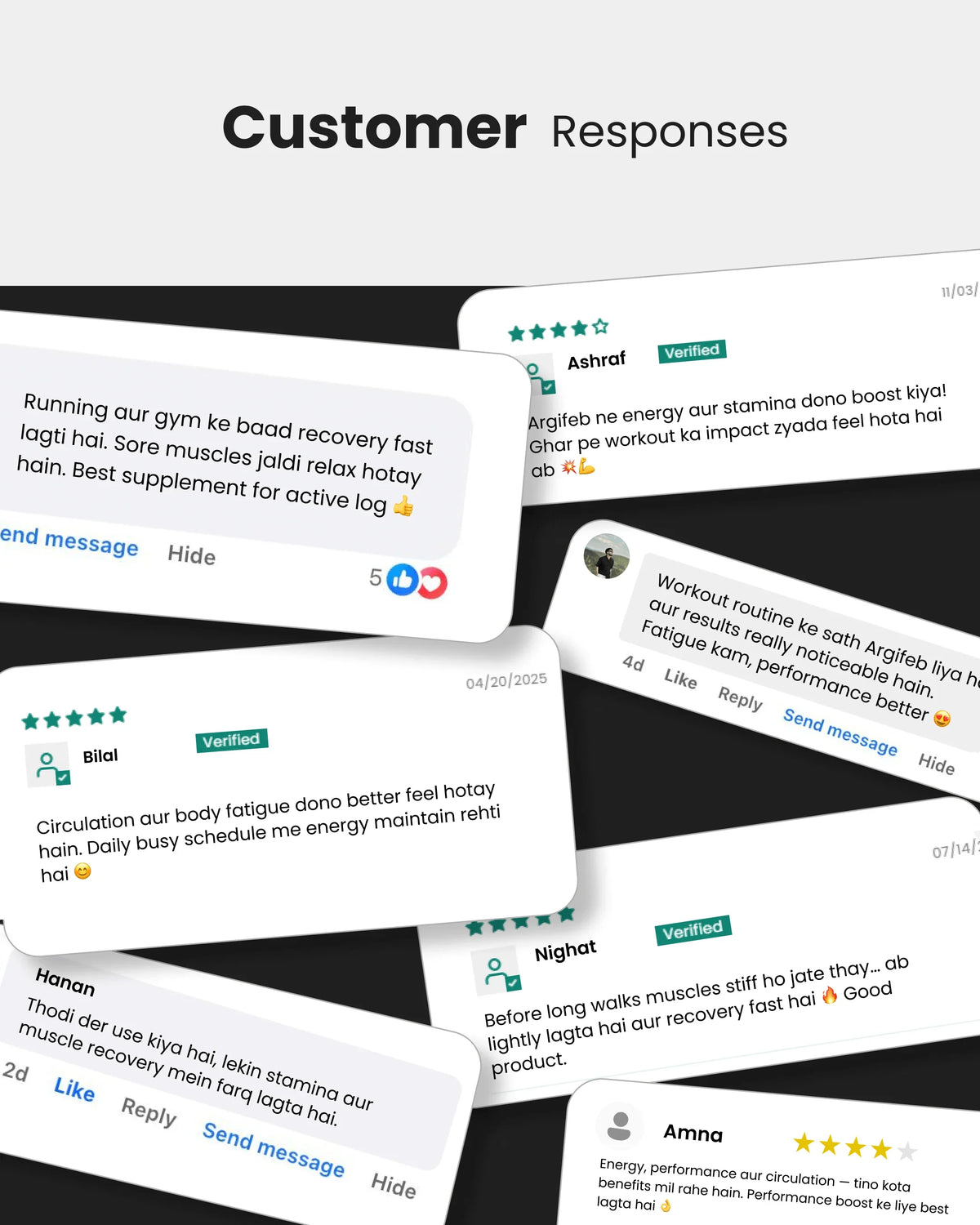 Customer reviews praising energy, stamina & muscle recovery benefits of wellness supplement