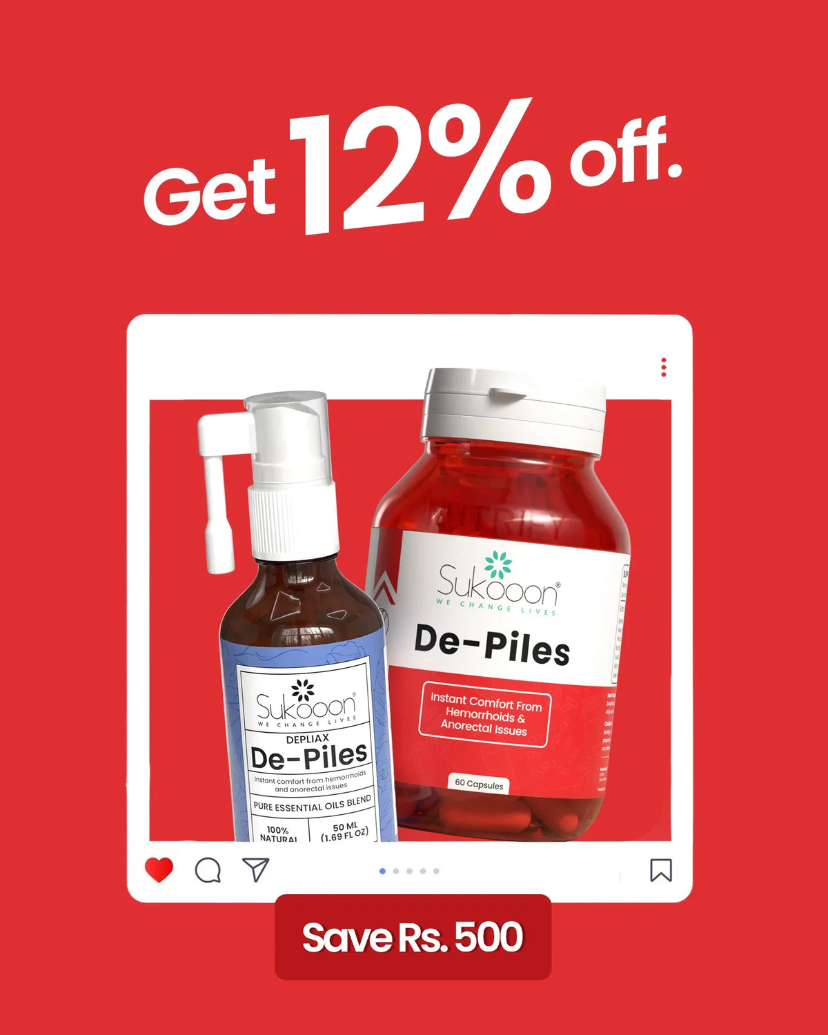 De-Piles essential oil spray and capsule pack for hemorrhoid relief, 12% off sale