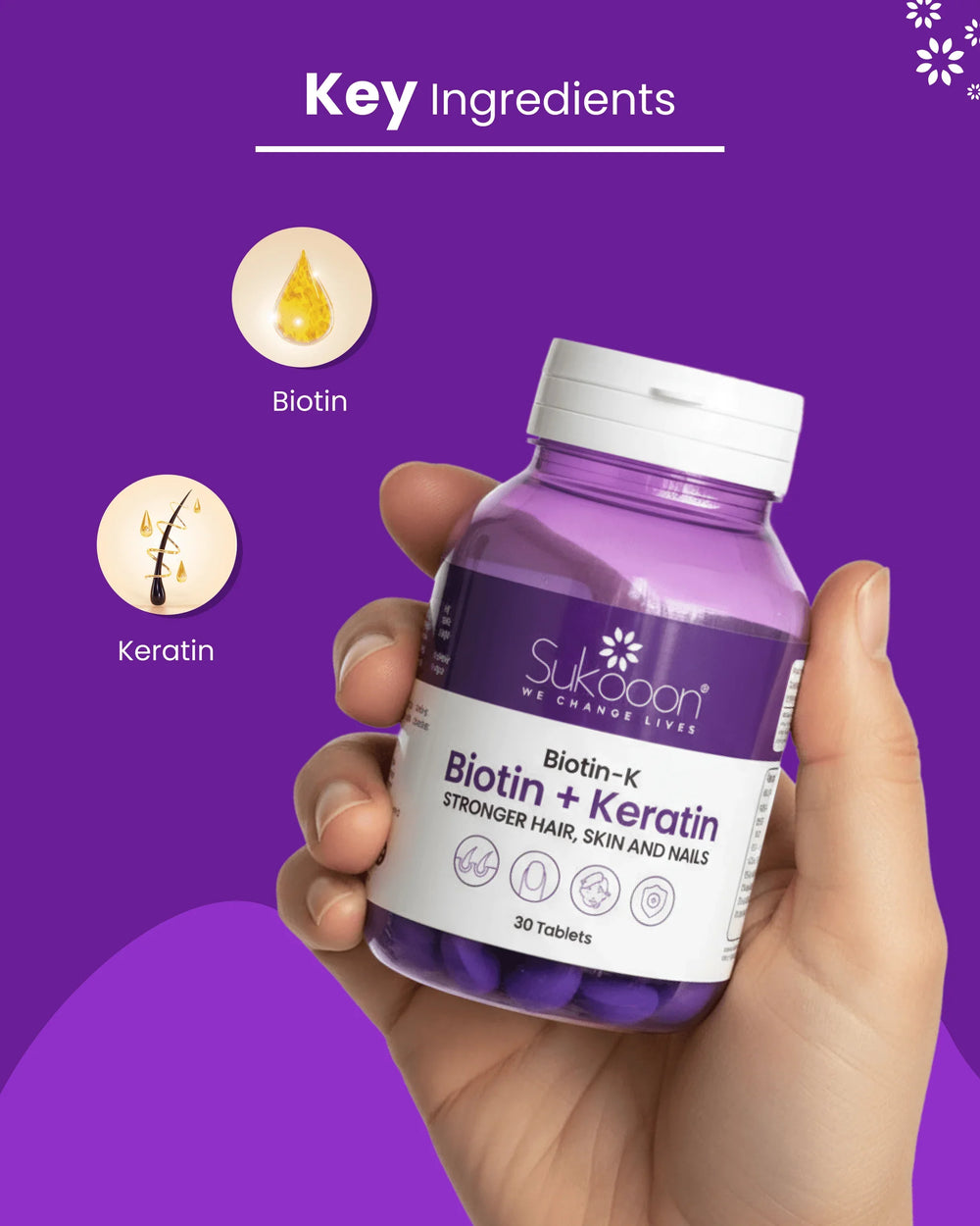 Biotin + Keratin supplement for stronger hair, skin & nails, 30 tablets in purple bottle with key ingredients highlighted
