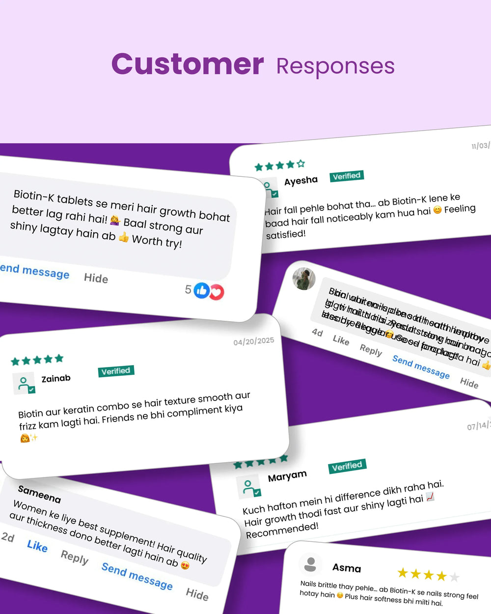 Customer reviews for Biotin-K hair growth supplement with 5-star ratings and verified feedback on hair & nail health