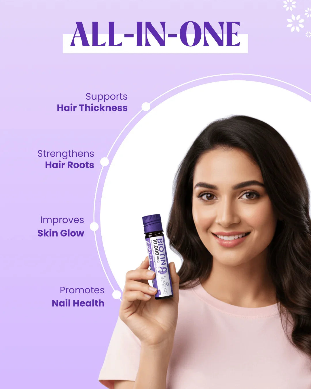 Woman holding biotin supplement for hair, skin & nail health — supports thickness, glow, and strength
