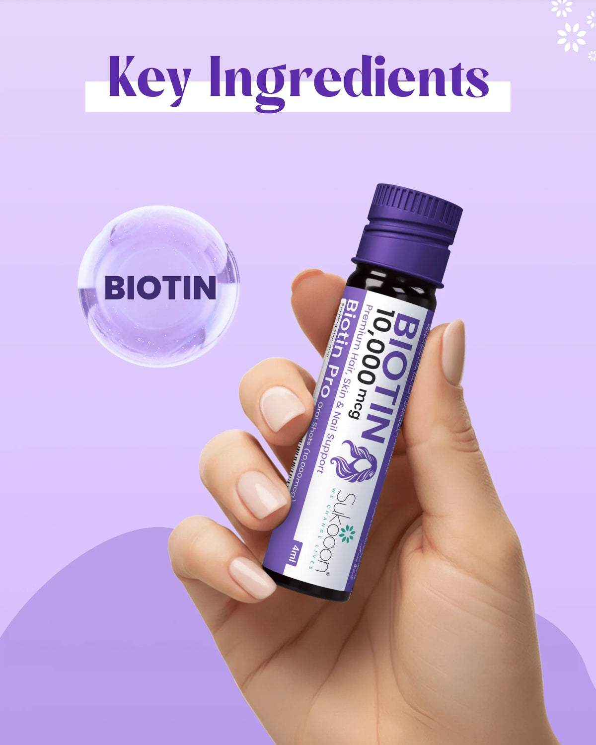 Biotin Pro 10,000 mcg oral shot for hair, skin & nail support with key ingredient biotin highlighted