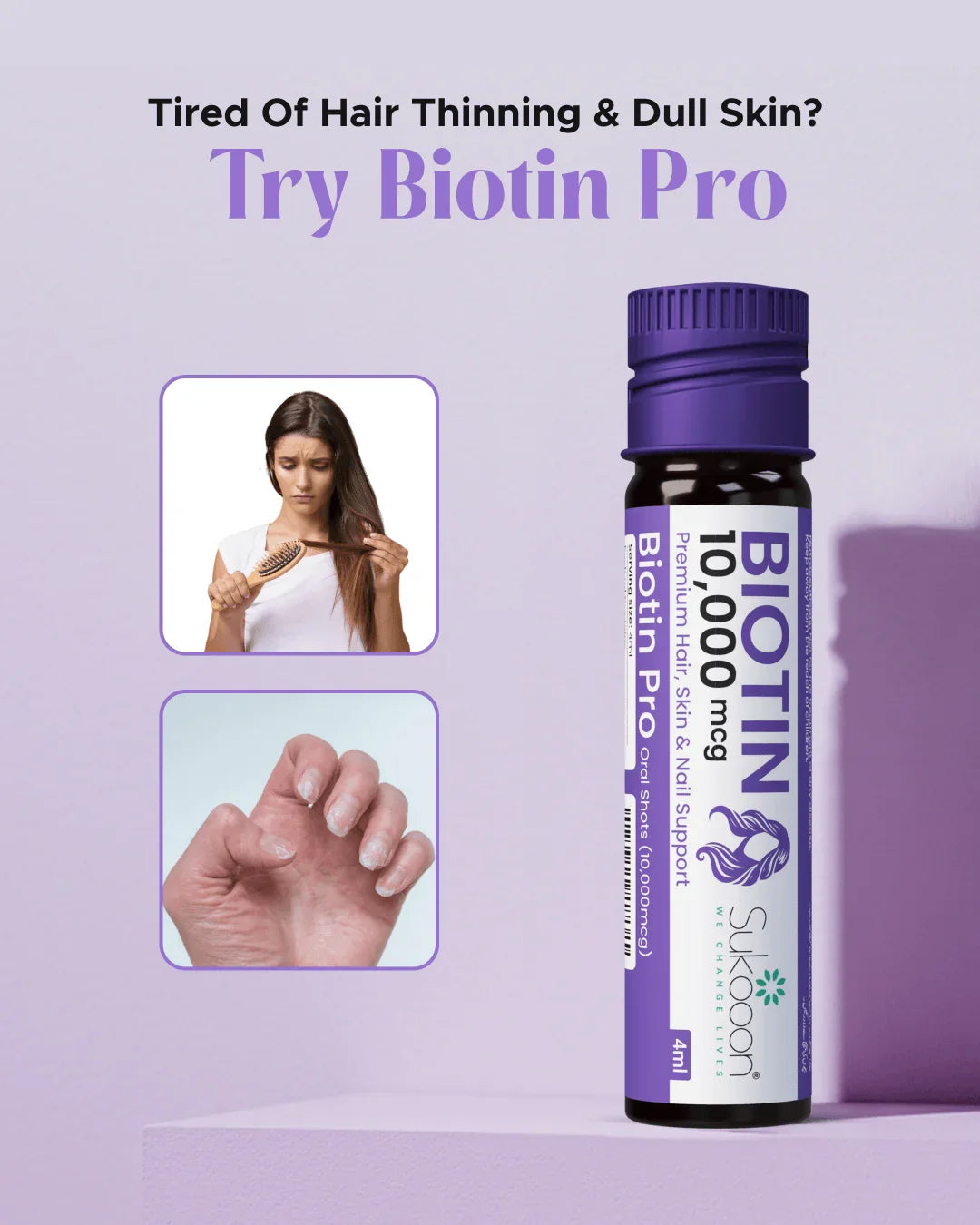 Biotin Pro 10,000 mcg oral shots for hair, skin & nail support — helps with thinning hair and dull skin