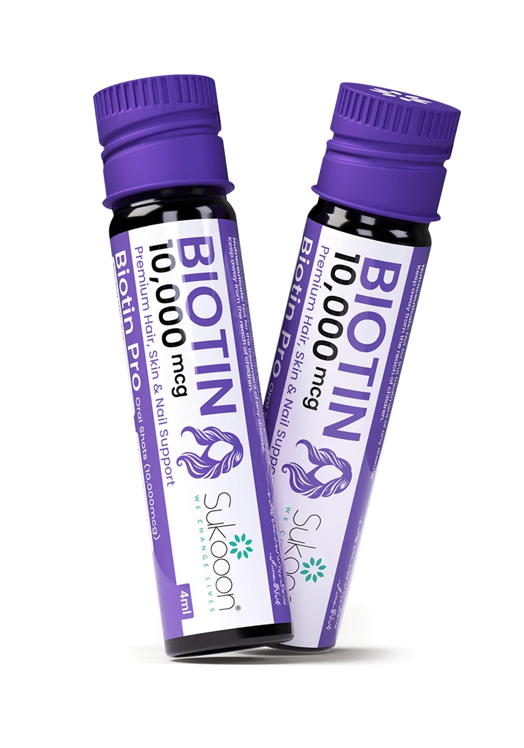 Biotin Pro 10,000 mcg oral shots for hair, skin & nail support – purple bottles with Sukoon branding