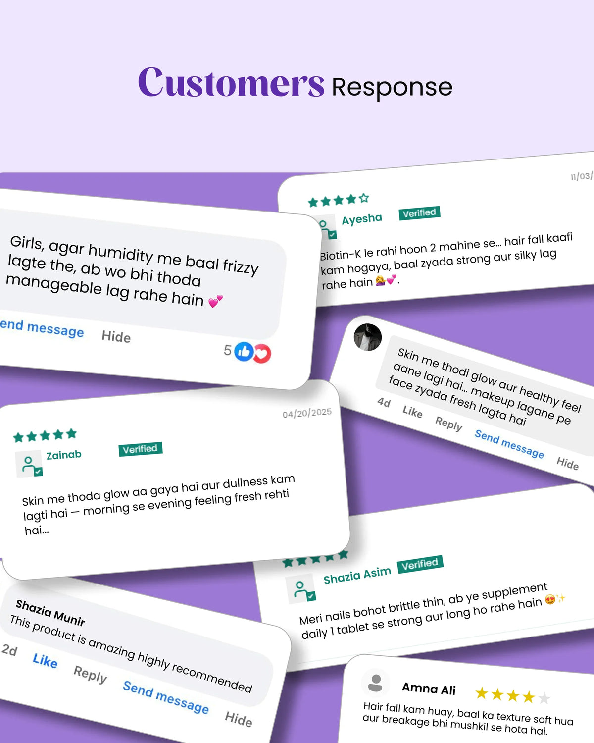 Customer reviews for wellness supplements showing hair, skin & nail benefits with 5-star ratings