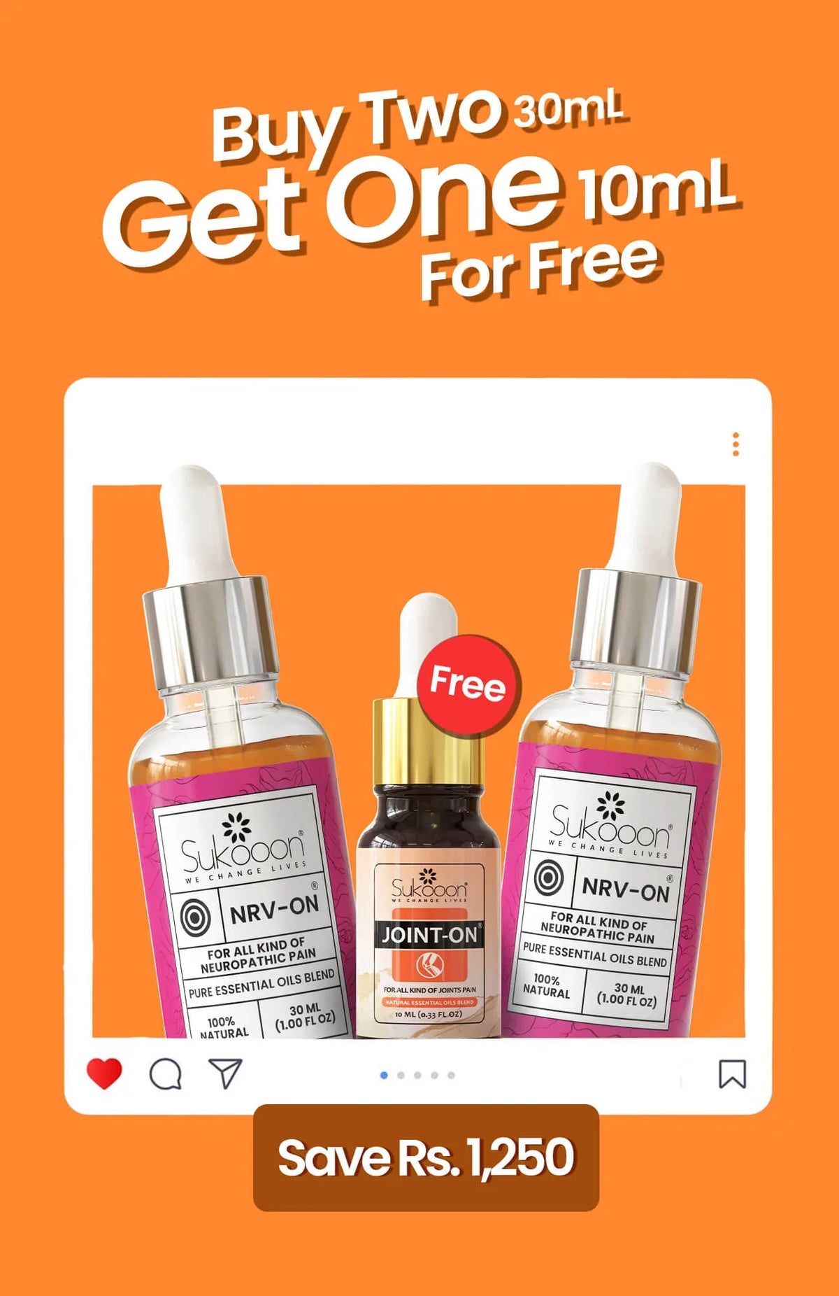 Buy two 30ml NRV-ON essential oil blend, get one 10ml JOINT-ON free — natural pain relief oils