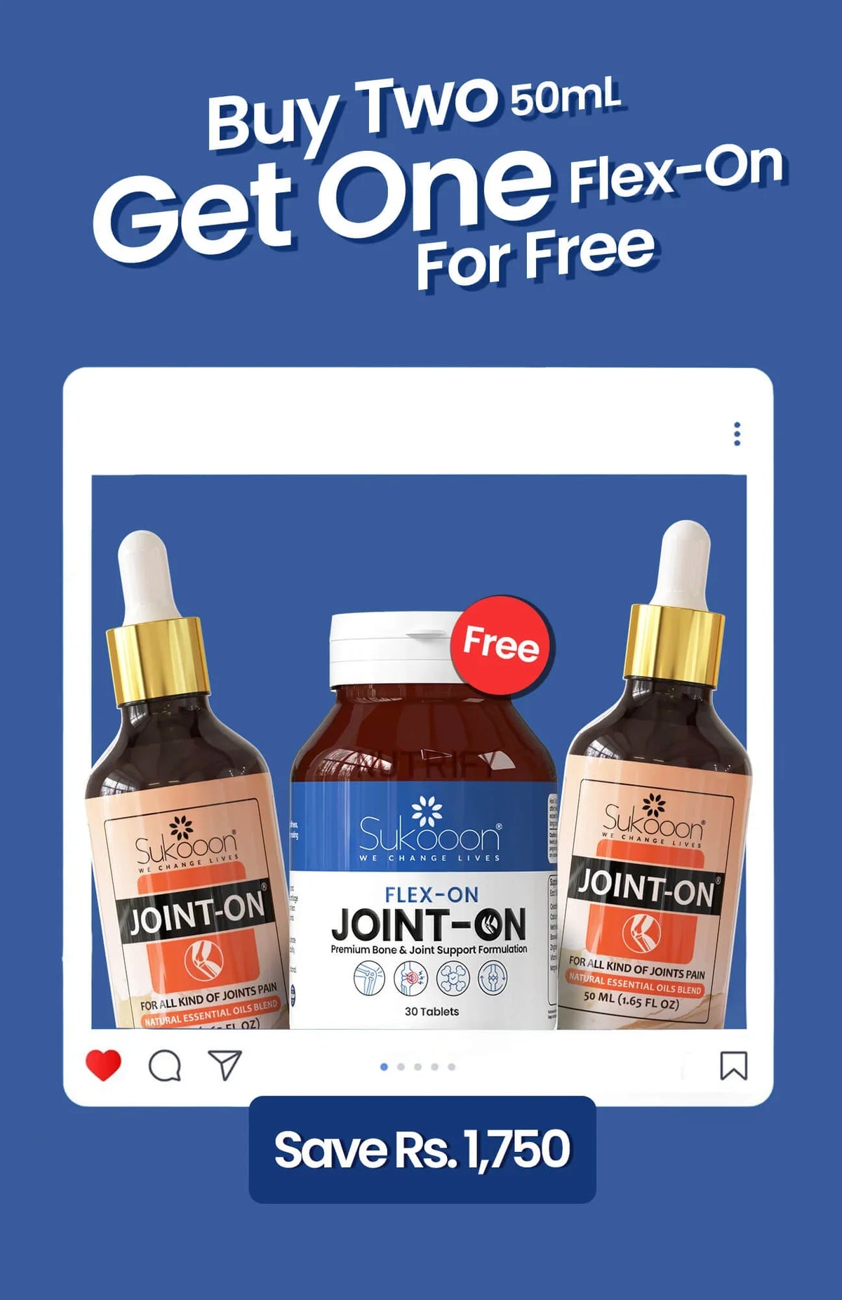 Buy two 50ml Flex-On Joint-On bottles, get one free; natural essential oils blend for joint pain relief