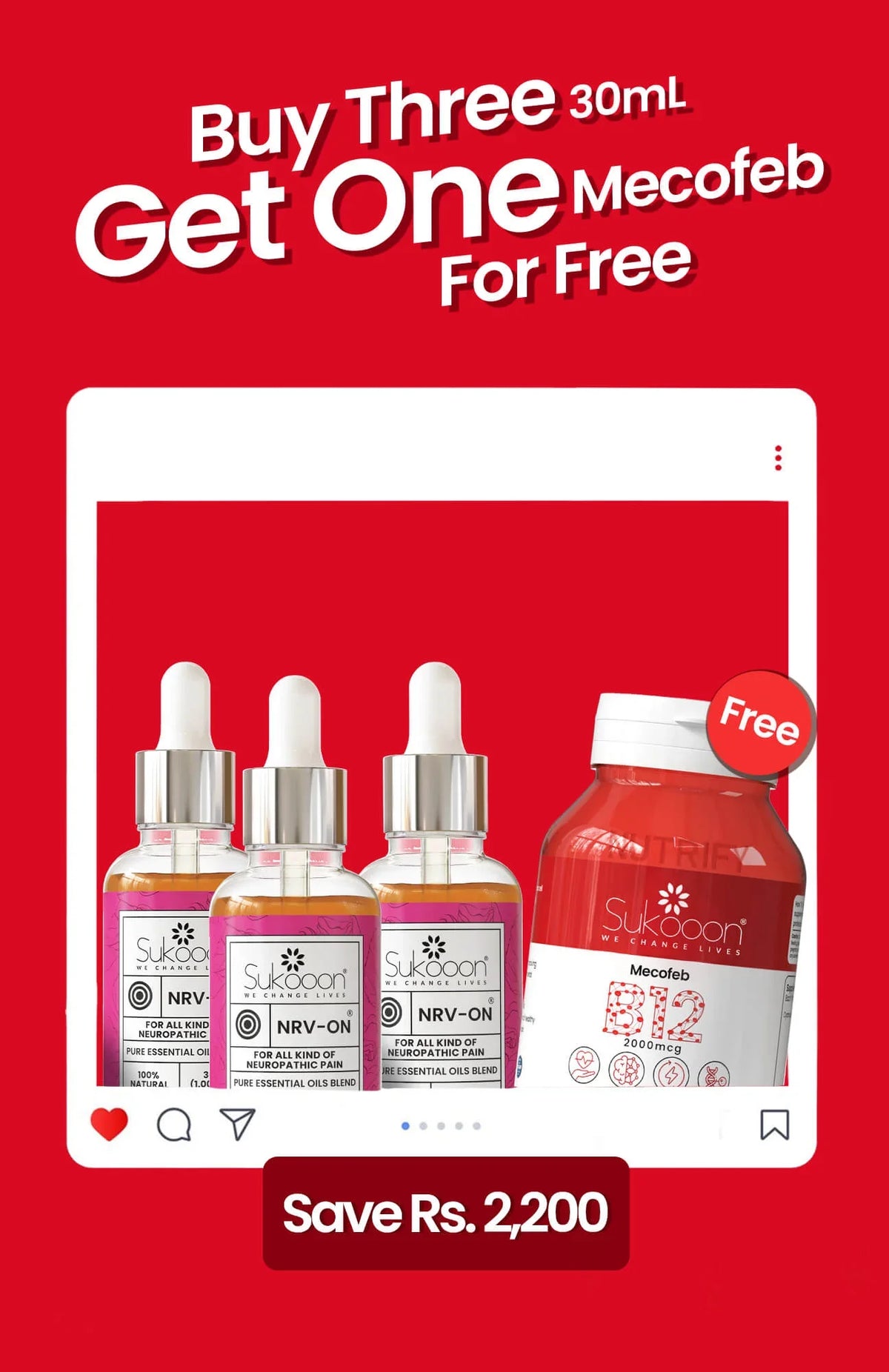 Buy three NRV-ON essential oil blends, get one free Mecofeb B12 supplement, save Rs. 2,200