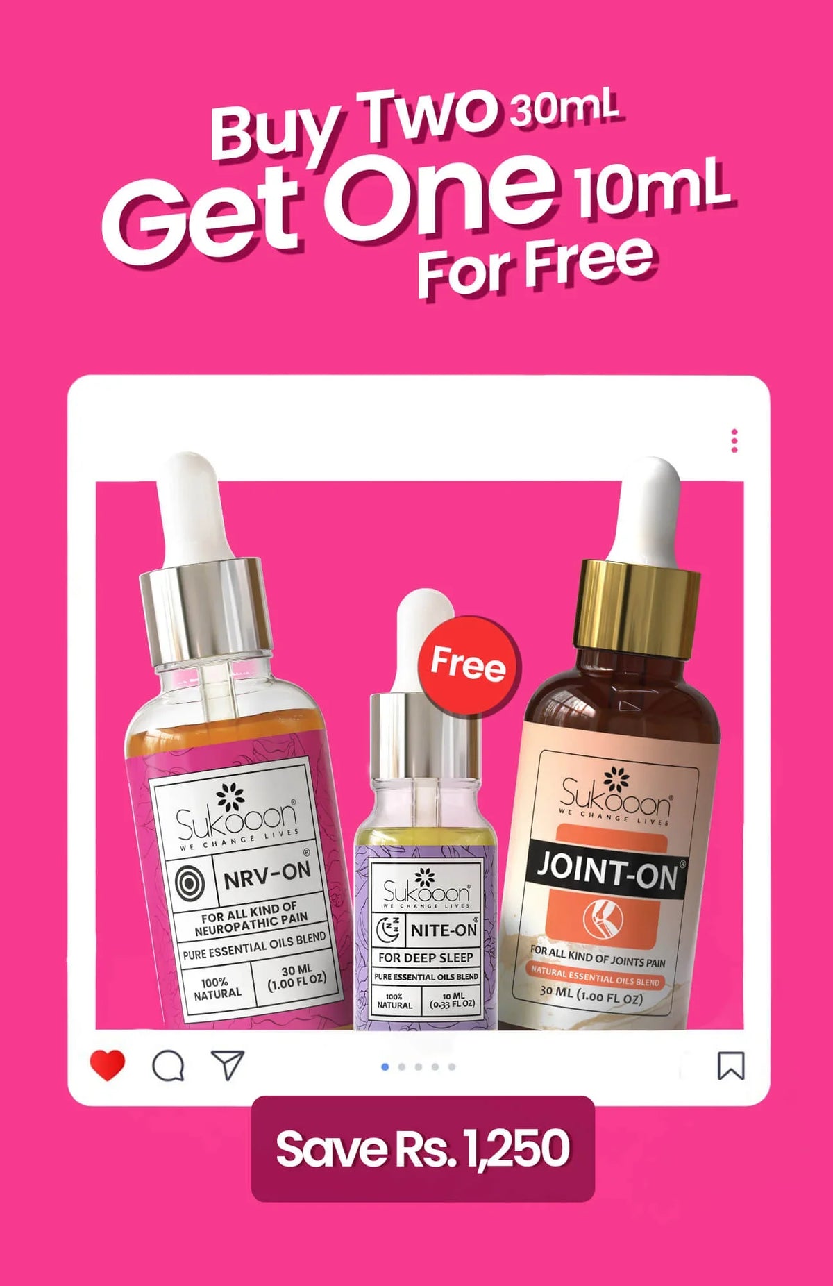 Buy two 30ml essential oil blends, get one 10ml free — NRV-ON, NITE-ON, JOINT-ON for pain relief & sleep