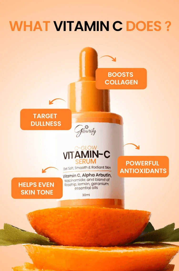 Vitamin C serum with orange slices, boosts collagen, targets dullness, evens skin tone, powerful antioxidants
