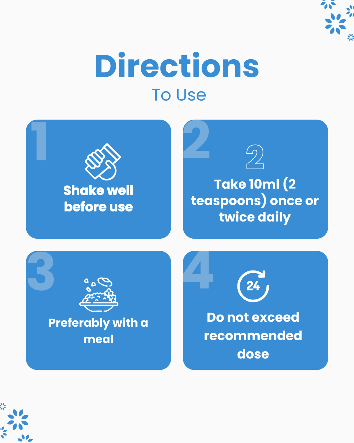 Directions to use: shake well, take 10ml daily with meal, do not exceed dose — natural wellness supplement guide