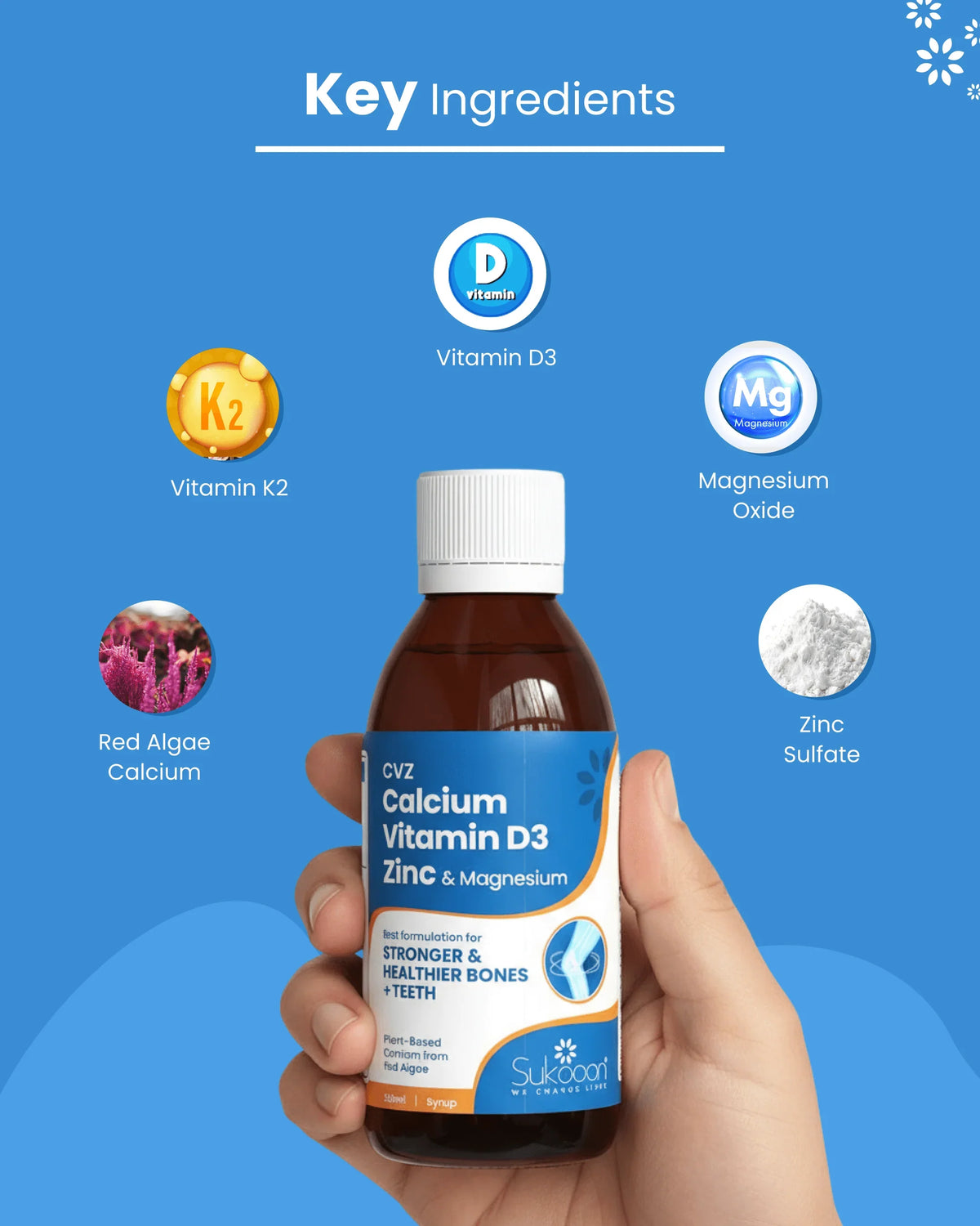 CVZ Calcium Vitamin D3 Zinc & Magnesium syrup with key ingredients for stronger bones and teeth