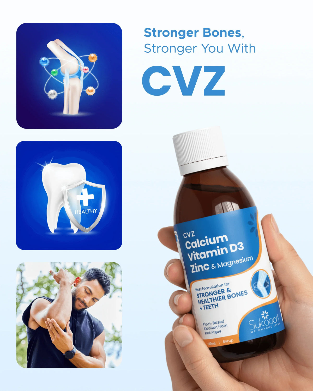 CVZ Calcium Vitamin D3 Zinc Magnesium syrup for stronger bones and teeth, plant-based formula