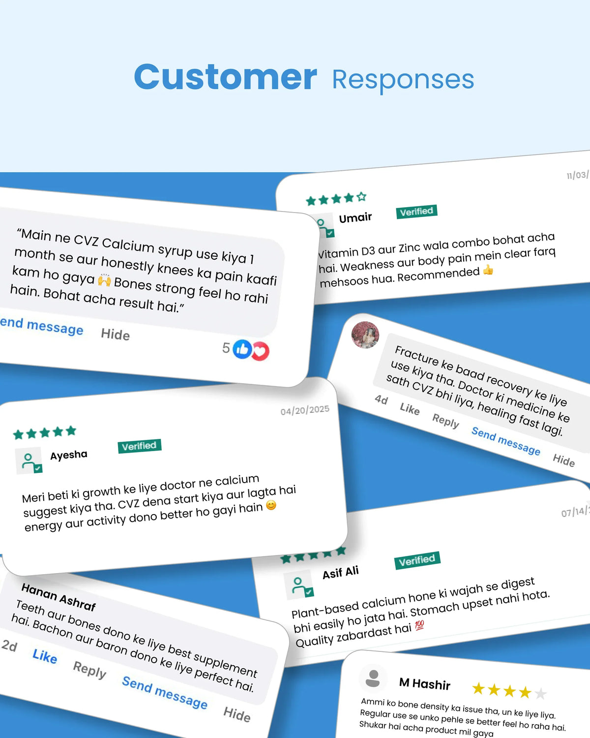 Customer reviews for CVZ Calcium syrup & supplements, highlighting bone health benefits and verified user experiences