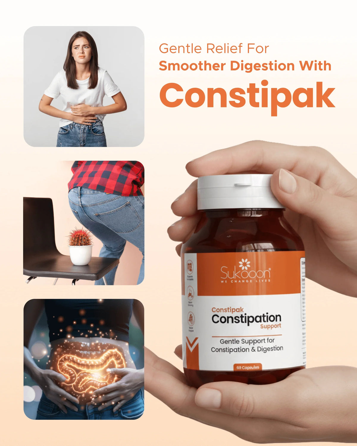 Constipation support supplement bottle with gentle digestion relief imagery