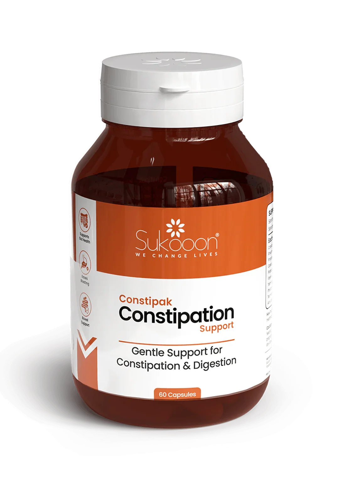 Sukoon Constipak constipation support capsules for gentle digestion relief, 60-count bottle