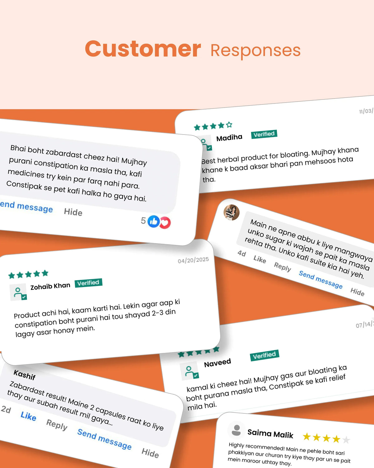 Customer reviews for herbal wellness products, featuring testimonials on constipation and bloating relief