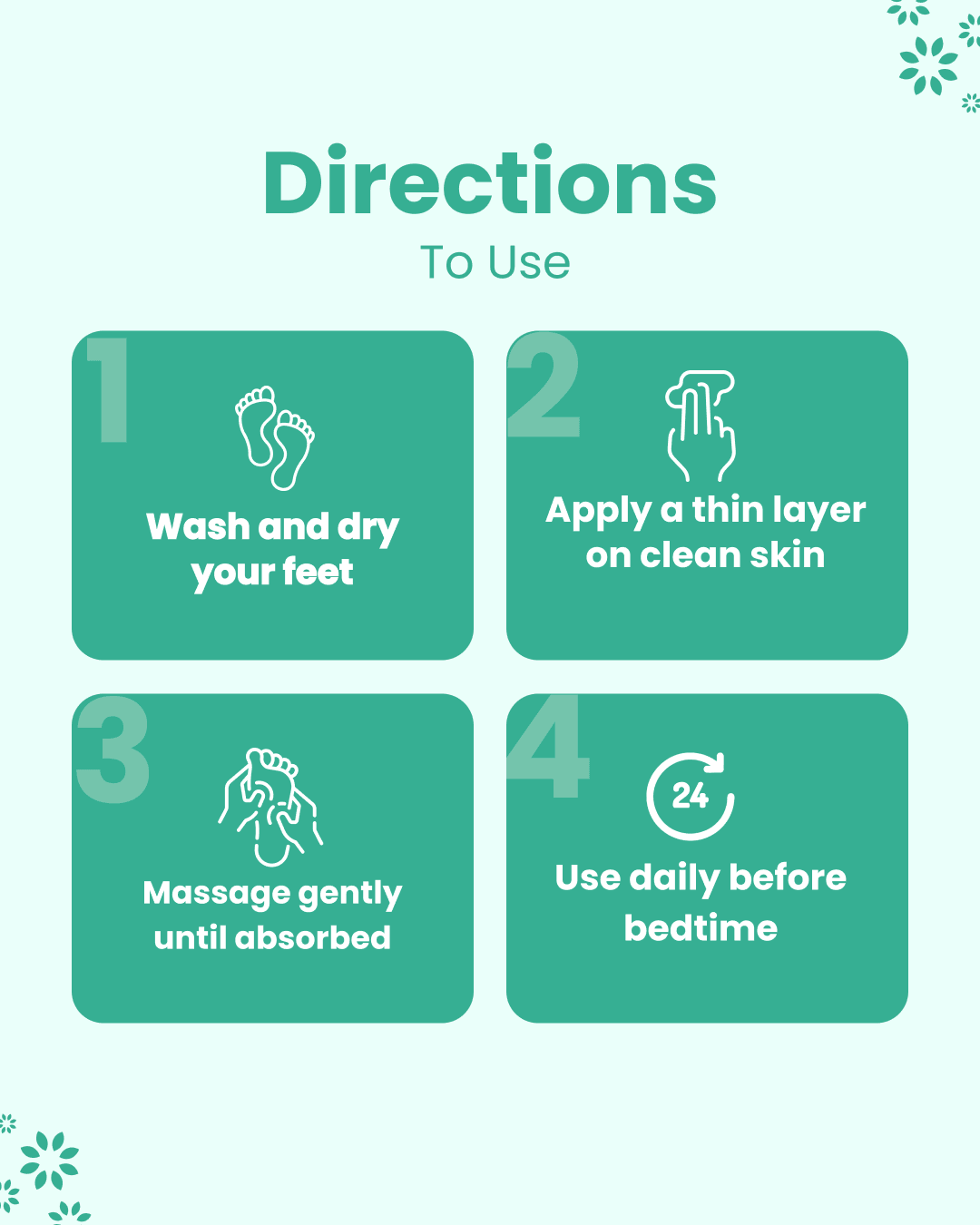 Step-by-step foot care instructions: wash, apply, massage, use nightly for natural wellness