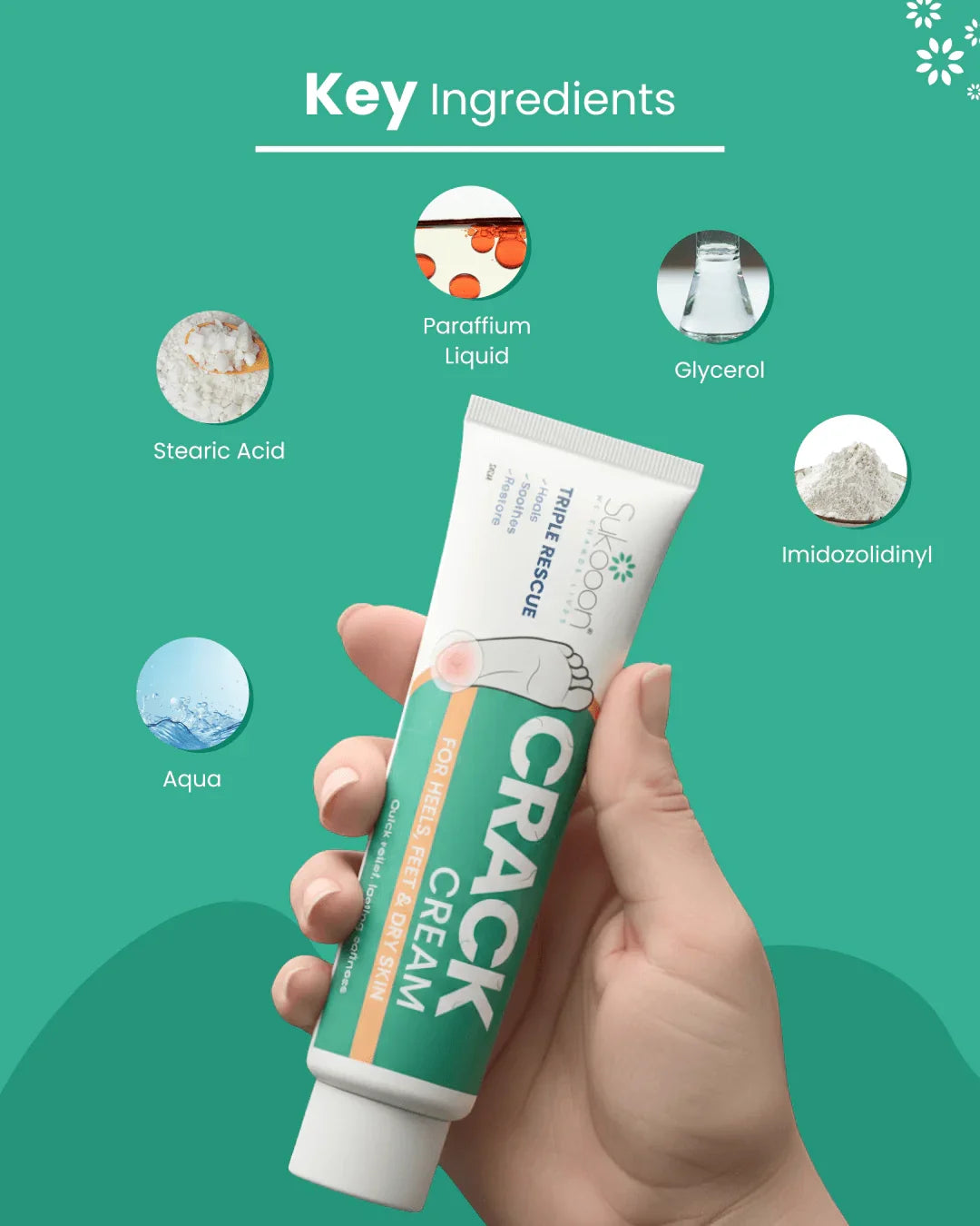 Hand holding Sukooon Crack Cream for dry feet & heels with key ingredients shown