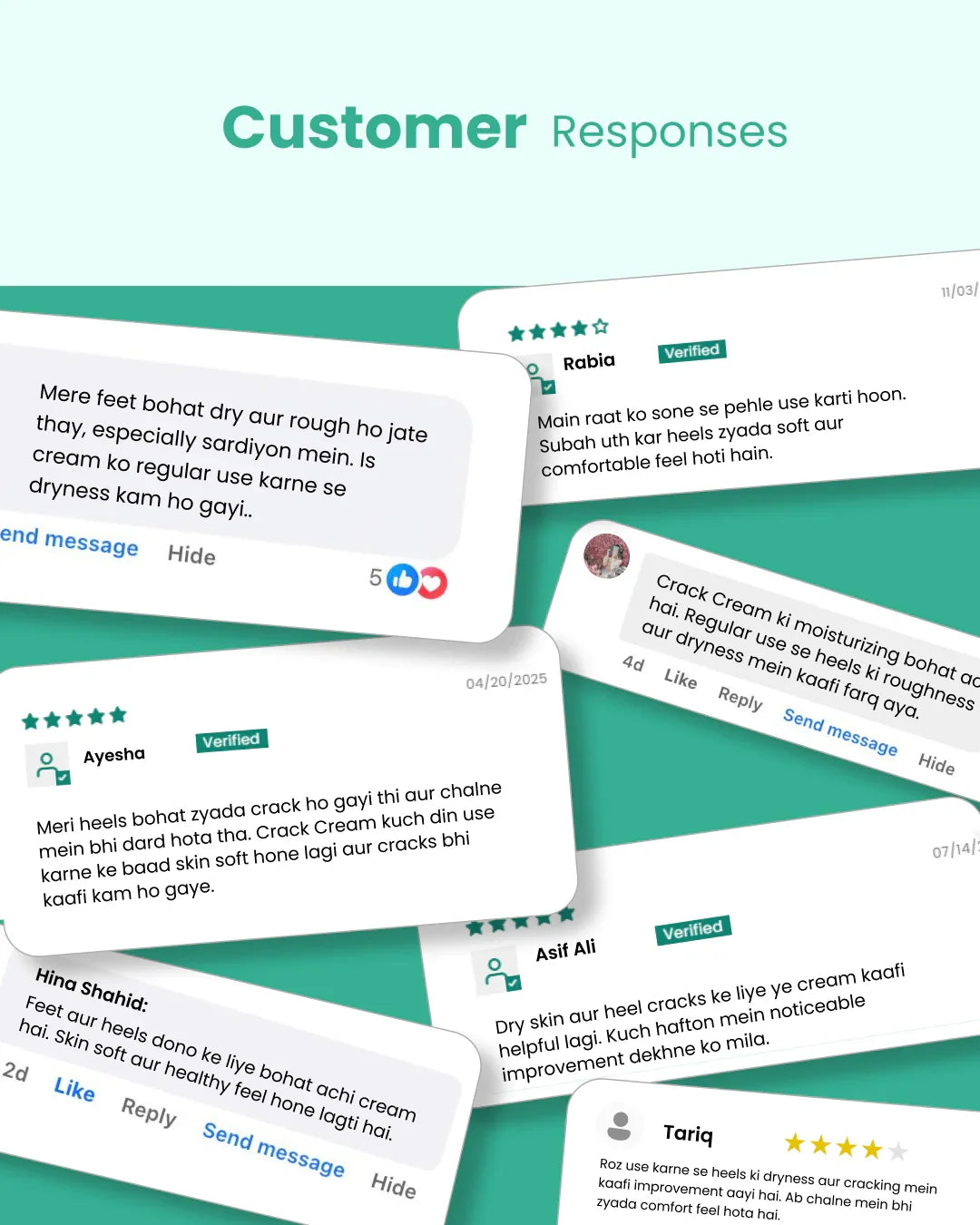 Customer reviews for natural heel crack cream showing improved dry skin and softness