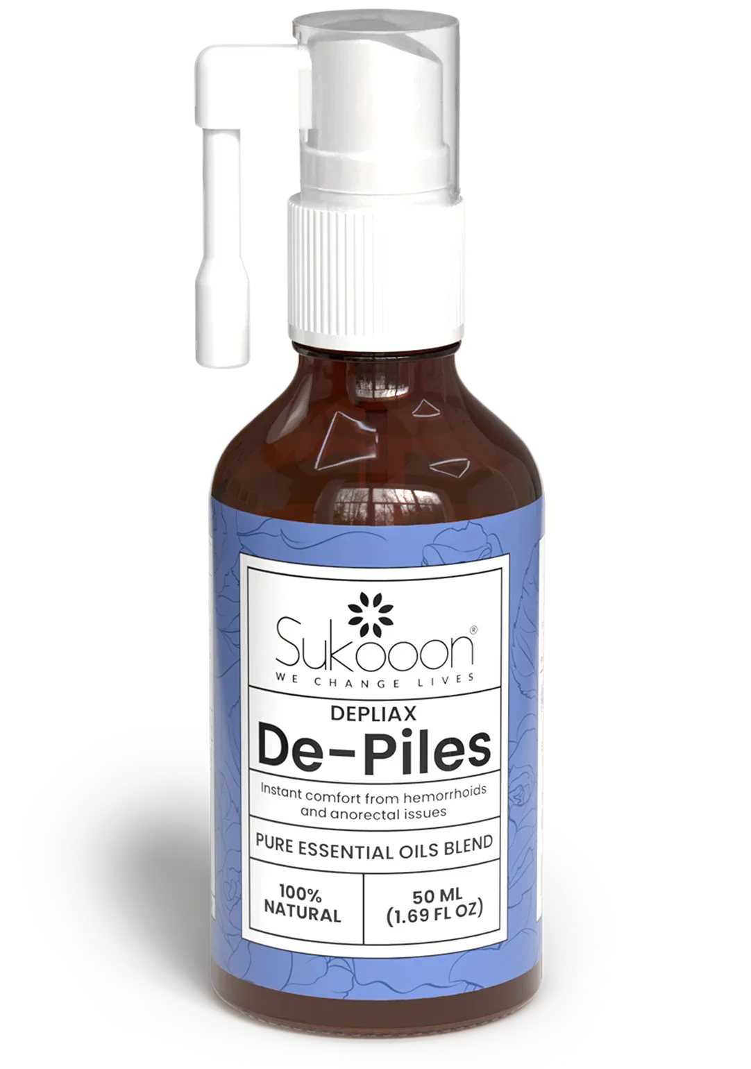 Sukooon De-Piles essential oil blend for hemorrhoid relief, 100% natural, 50ml spray bottle