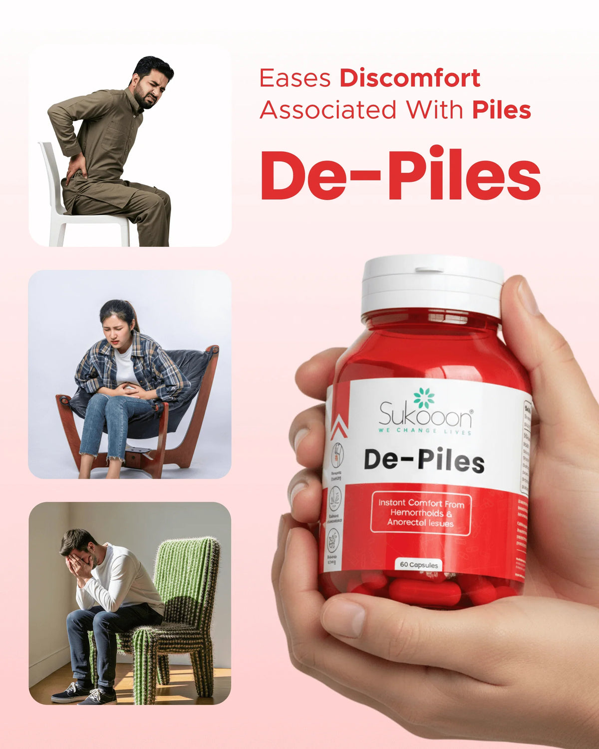 De-Piles supplement bottle for hemorrhoid relief, shown with people experiencing discomfort, natural wellness product